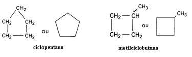 Isômeros de cadeia – Ciclopentano e metilciclobutano